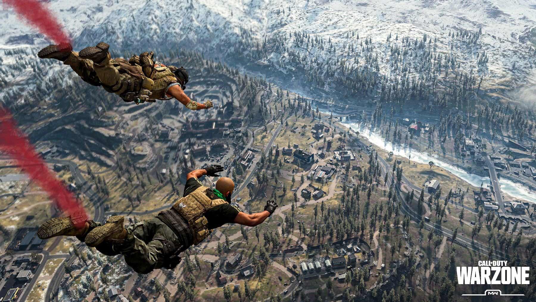 Characters from Call of Duty Warzone dropping from the sky